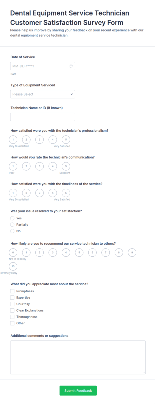 Dental Equipment Service Technician Customer Satisfaction Survey Form Template