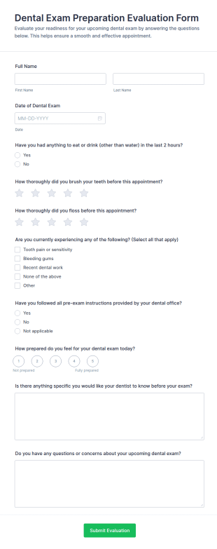 Dental Exam Preparation Evaluation Form Template
