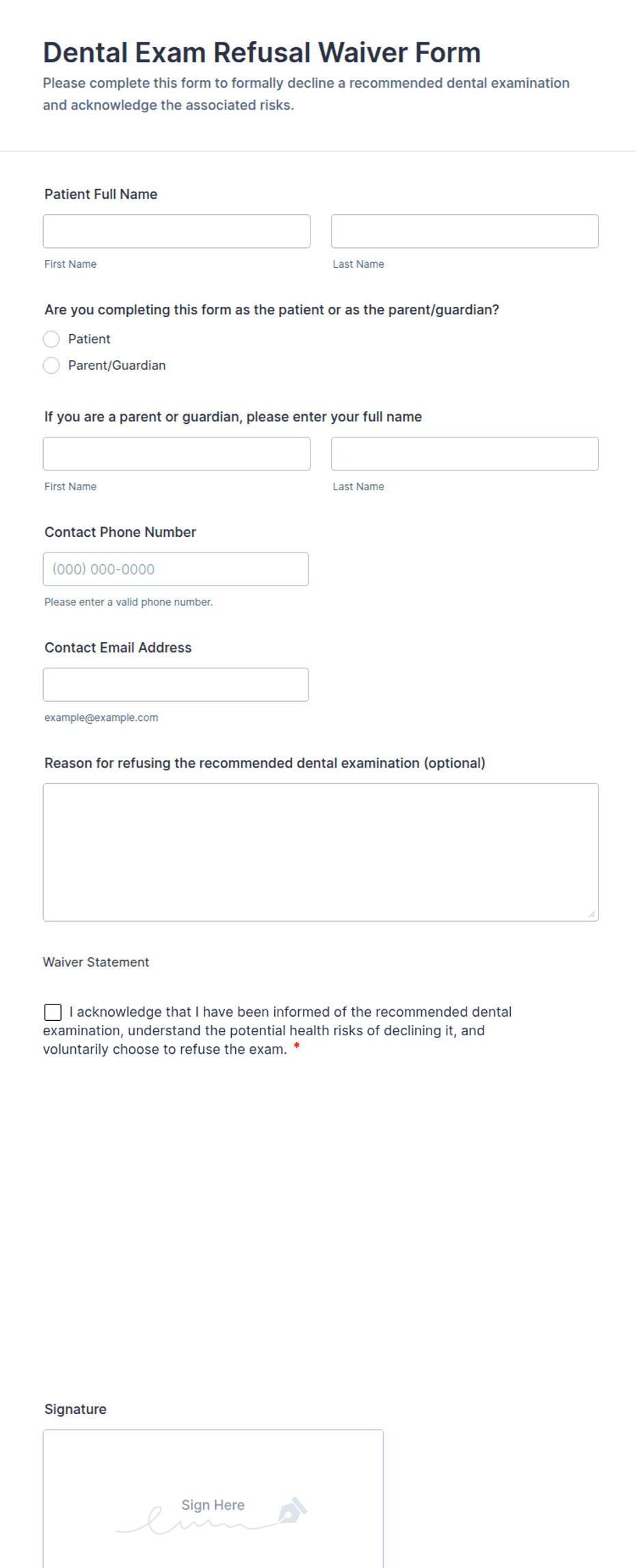 Dental Exam Refusal Waiver Form Template | Jotform