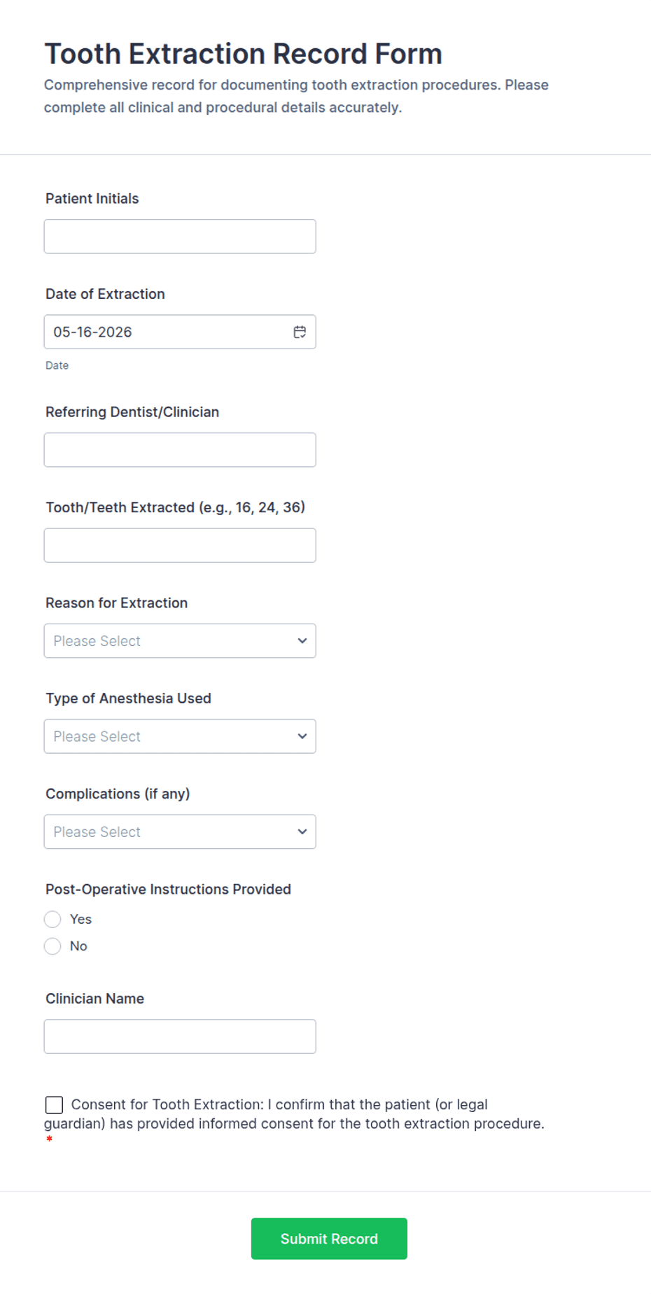Tooth Extraction Request Examples Dental Extraction Record Form Template | Jotform