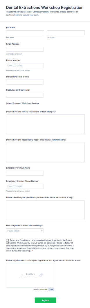 Dental Extractions Workshop Registration Form Template