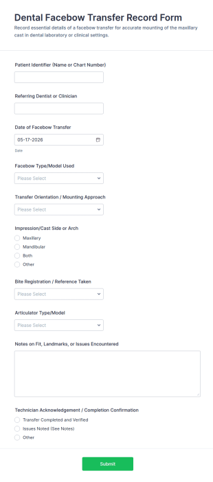 Dental Facebow Transfer Record Form Template
