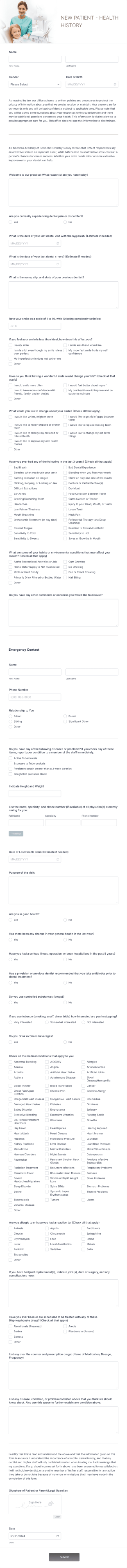 Dental Health History Form Template
