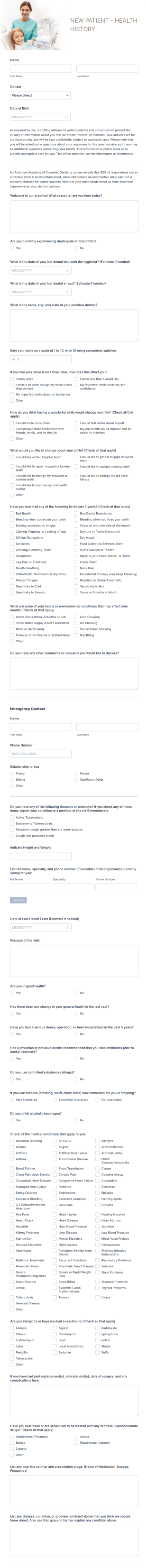 Dental Health History Form Template
