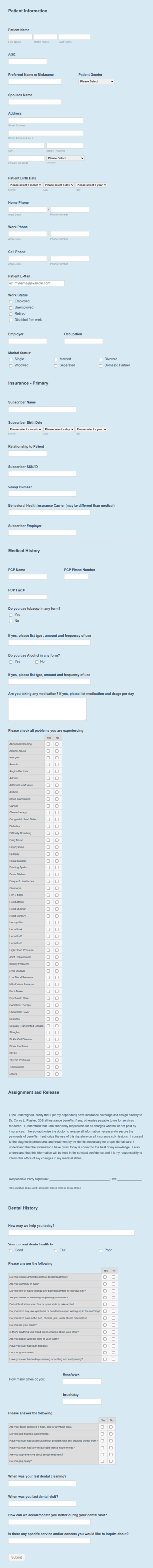 Dental Health Record Form Template