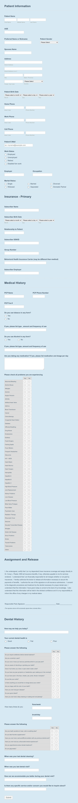 Dental Health Record Form Template
