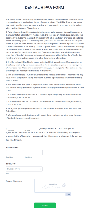 Dental HIPAA Form Template