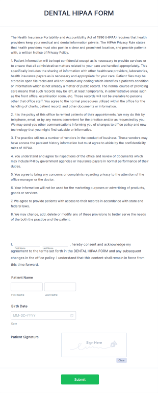 Dental HIPAA Form Template
