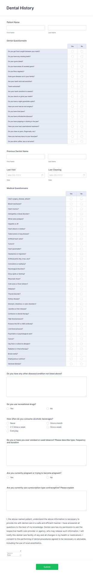 Dental History Form Template