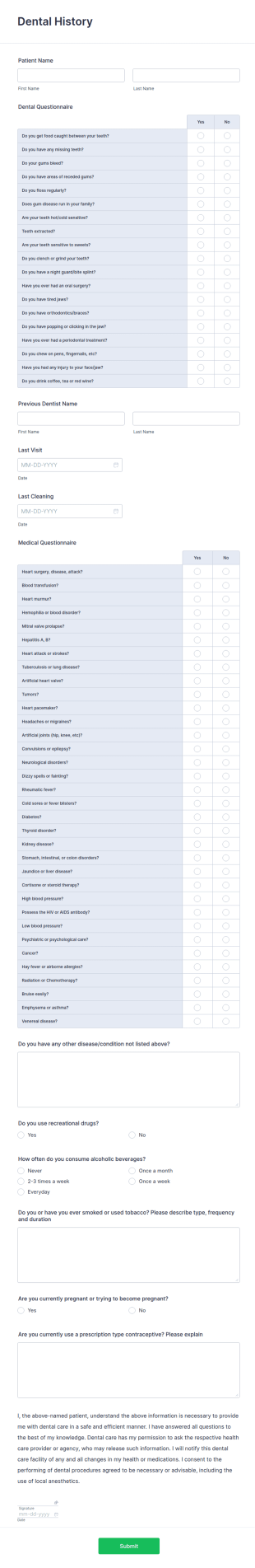 Dental History Form Template
