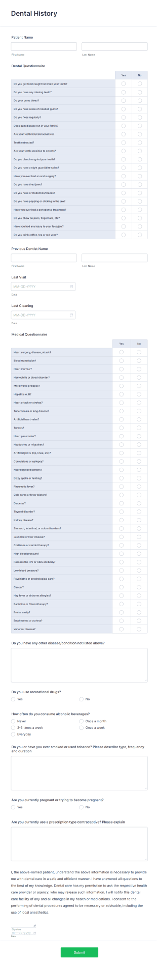 Dental History Form Template