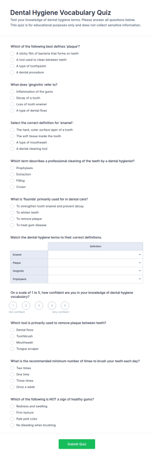 Dental Hygiene Vocabulary Quiz Form Template