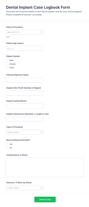 Dental Implant Case Logbook Form Template