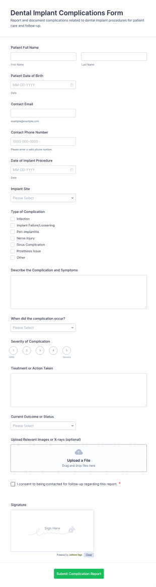 Dental Implant Complications Form Template