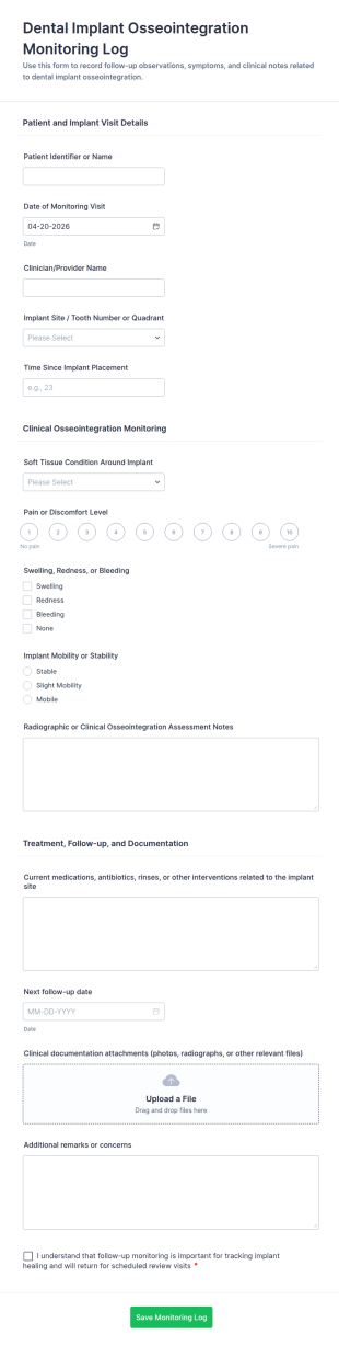 Dental Implant Osseointegration Monitoring Log Form Template