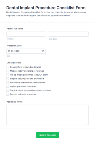 Dental Implant Procedure Checklist Form Template