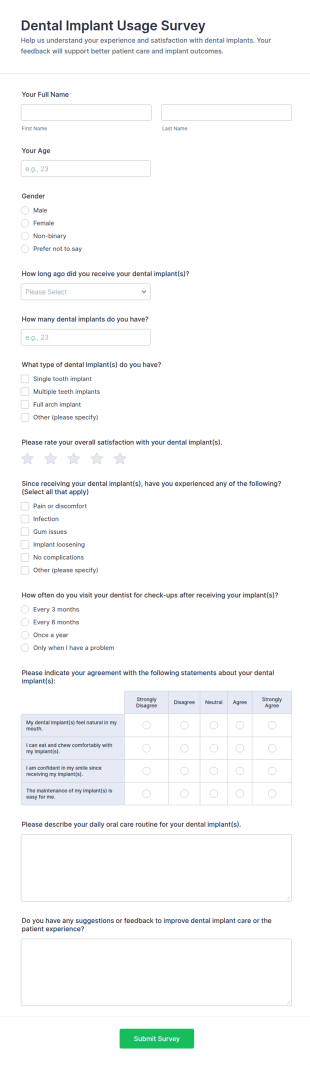 Dental Implant Usage Survey Form Template