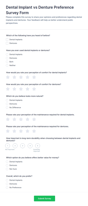 Dental Implant Vs Denture Preference Survey Form Template