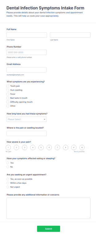 Dental Infection Symptoms Intake Form Template
