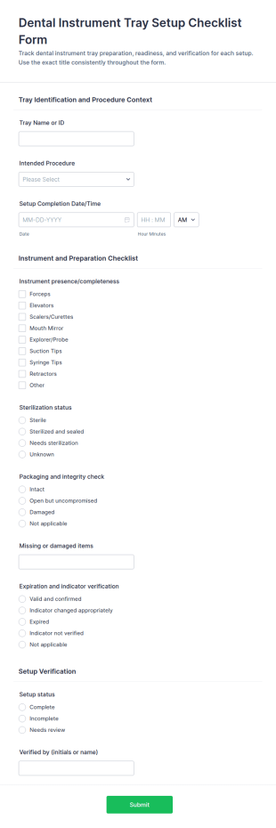 Dental Instrument Tray Setup Checklist Form Template