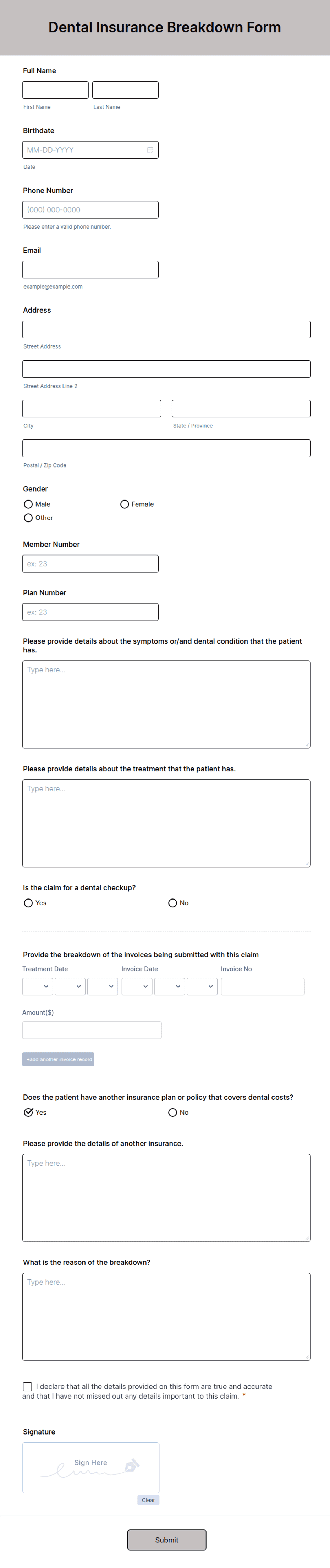 Dental Insurance Breakdown Form Template Jotform