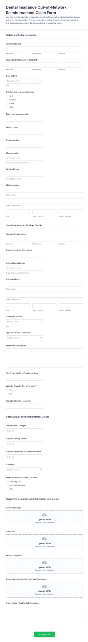 Dental Insurance Out Of Network Reimbursement Claim Form Template