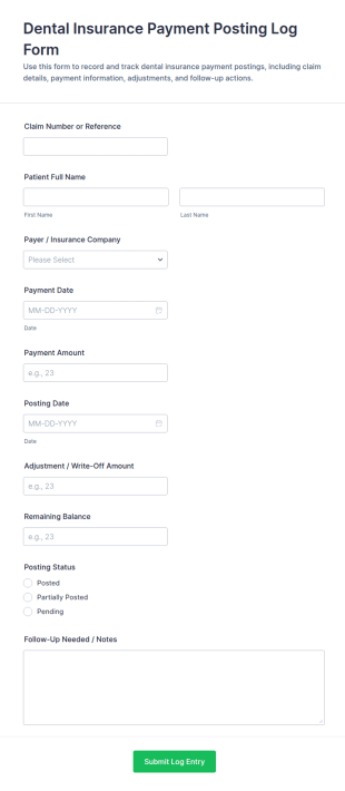 Dental Insurance Payment Posting Log Form Template