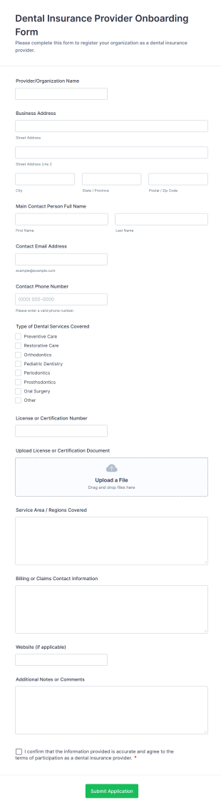 Dental Insurance Provider Onboarding Form Template