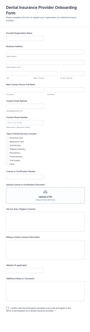 Dental Insurance Provider Onboarding Form Template