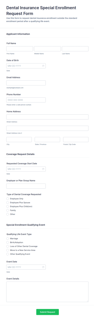 Dental Insurance Special Enrollment Request Form Template