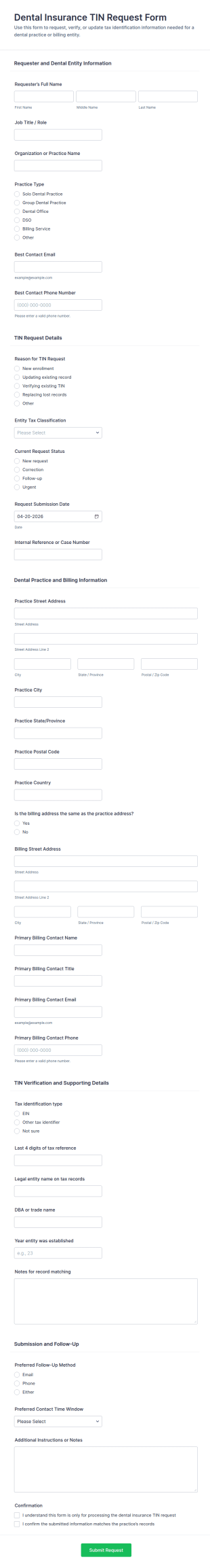 Dental Insurance TIN Request Form Template