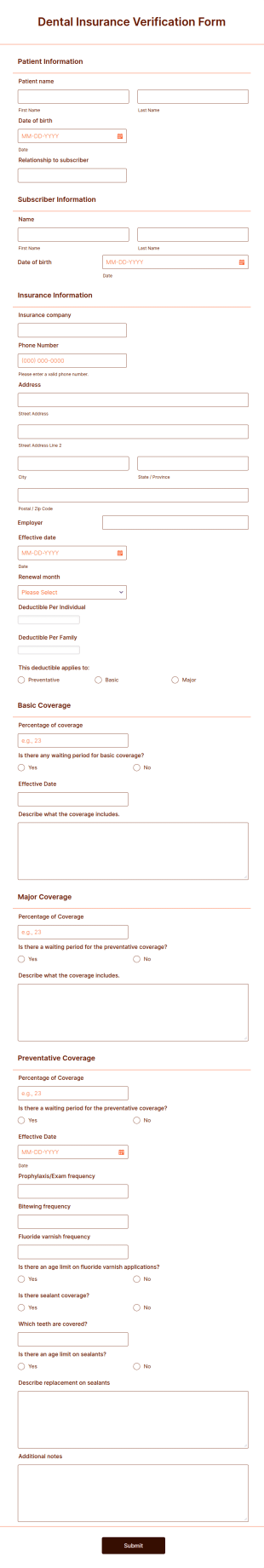 Dental Insurance Verification Form Template