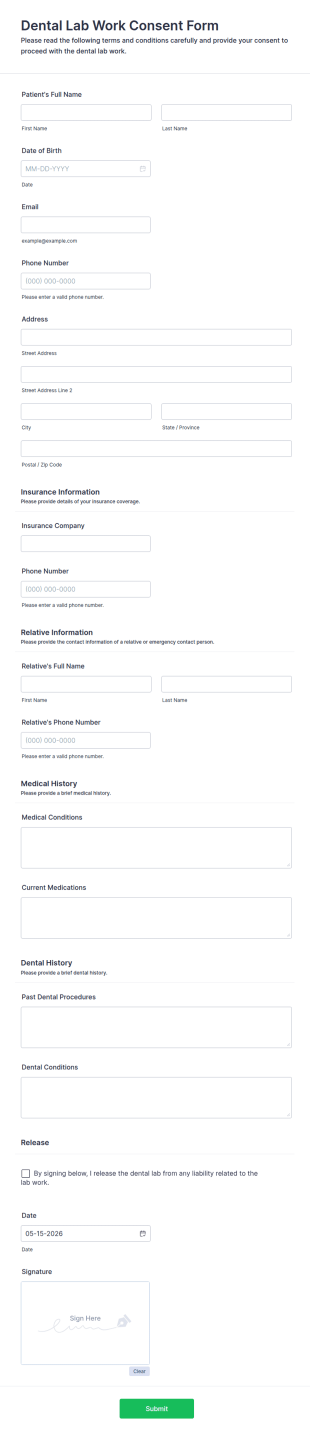 Dental Lab Work Consent Form Template