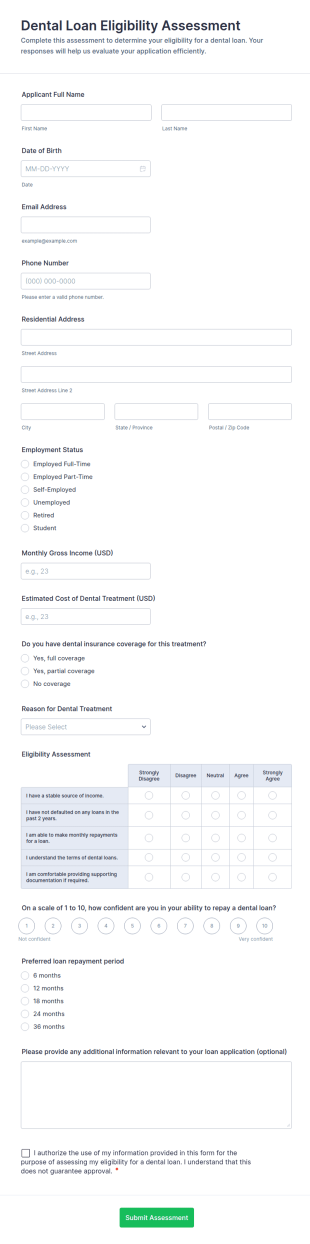Dental Loan Eligibility Assessment Form Template