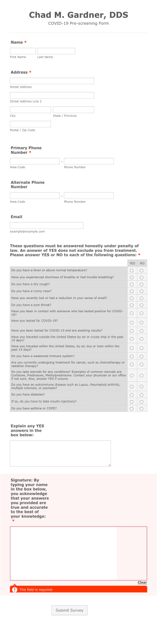 Dental Office COVID 19 Prescreening Form Template