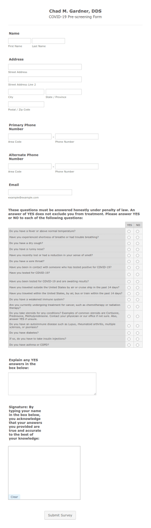Dental Office COVID 19 Prescreening Form Template