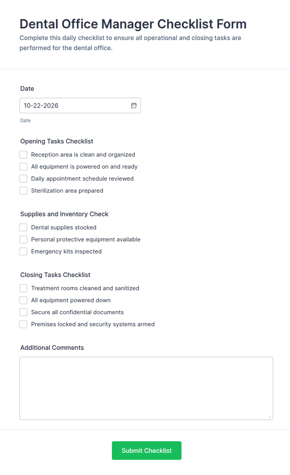 Dental Office Manager Checklist Form Template | Jotform