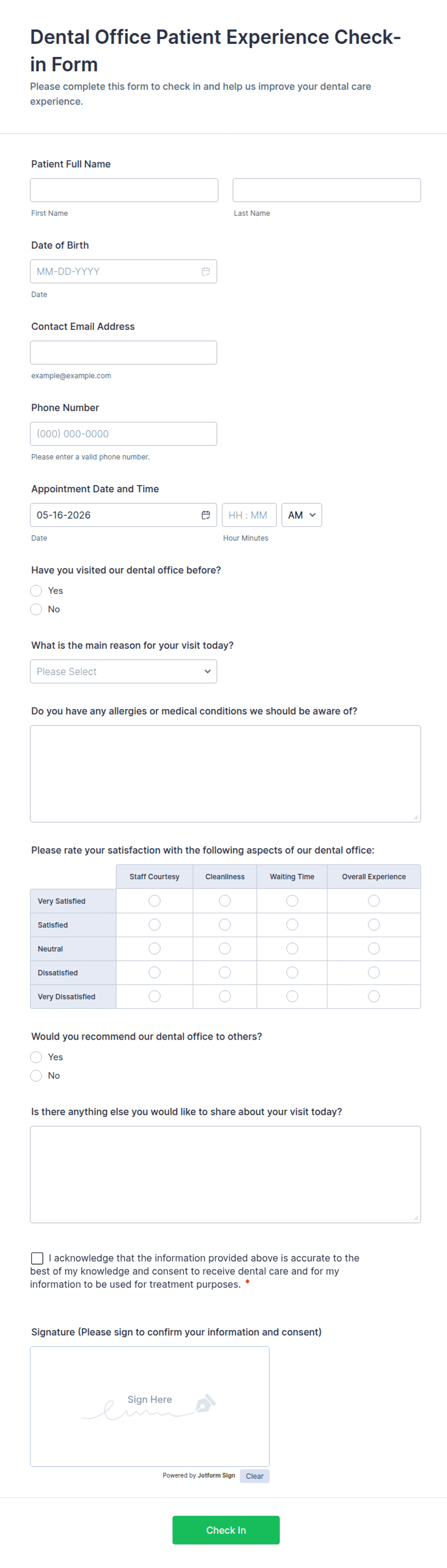 Dental Office Patient Experience Check-in Form Template | Jotform