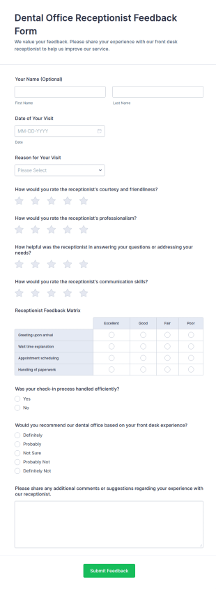 Dental Office Receptionist Feedback Form Template