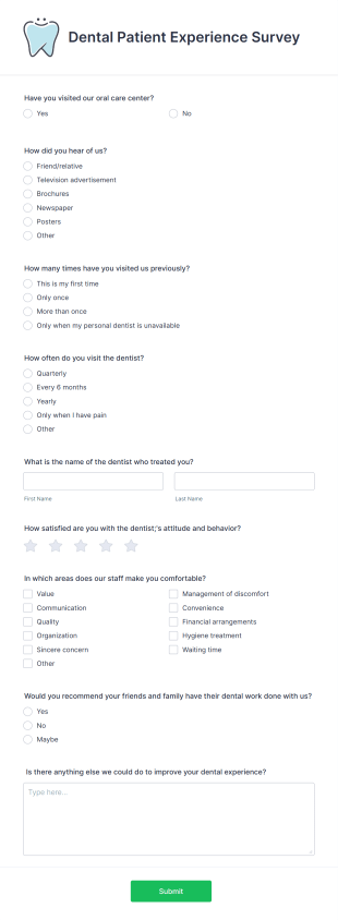 Dental Patient Experience Survey Form Template
