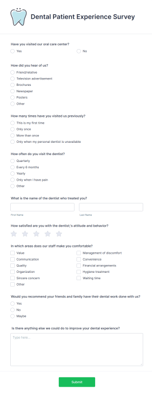 Dental Patient Experience Survey Form Template