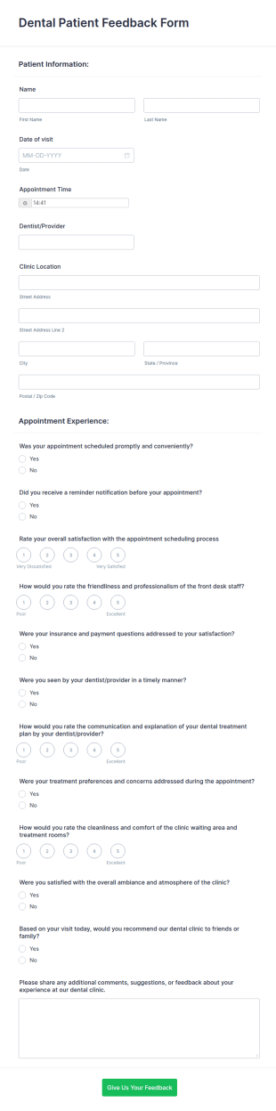 Dental Patient Feedback Form Template