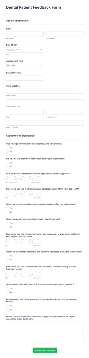 Dental Patient Feedback Form Template