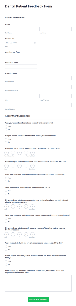 Dental Patient Feedback Form Template