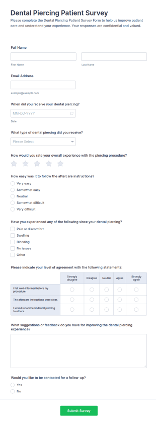 Dental Piercing Patient Survey Form Template