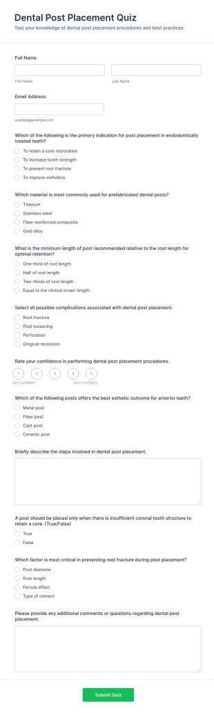 Dental Post Placement Quiz Form Template