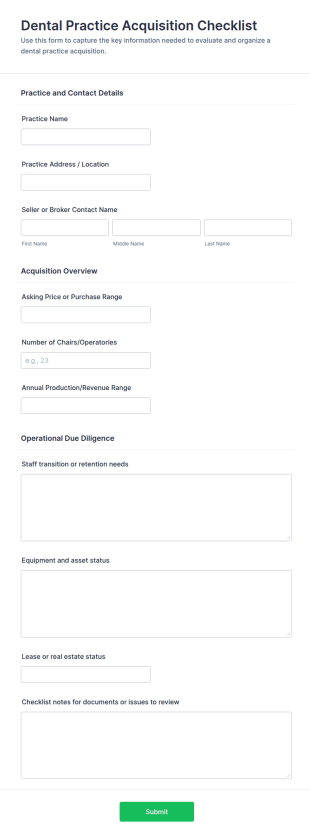 Dental Practice Acquisition Checklist Form Template