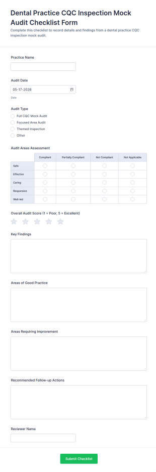 Dental Practice CQC Inspection Mock Audit Checklist Form Template