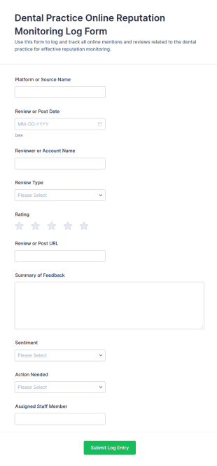 Dental Practice Online Reputation Monitoring Log Form Template