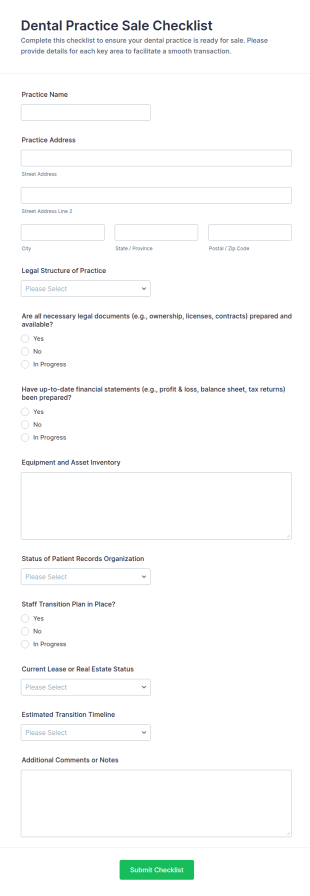 Dental Practice Sale Checklist Form Template
